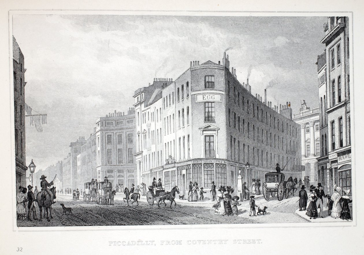 Piccadilly, a Coventry Streetről, a „London és környéke a tizenkilencedik században” kocsmából. Jones und Co., 1827-1829 alkotó: Thomas Hosmer Shepherd