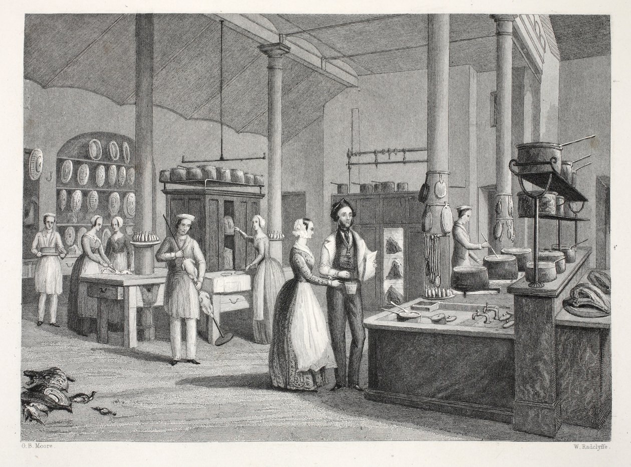 Reform Club – a konyha, a „London Interiors with their Costumes and Ceremonies” kocsmából. Joseph Mead, London, 1843 körül (acélmetszet) alkotó: Thomas Hosmer Shepherd