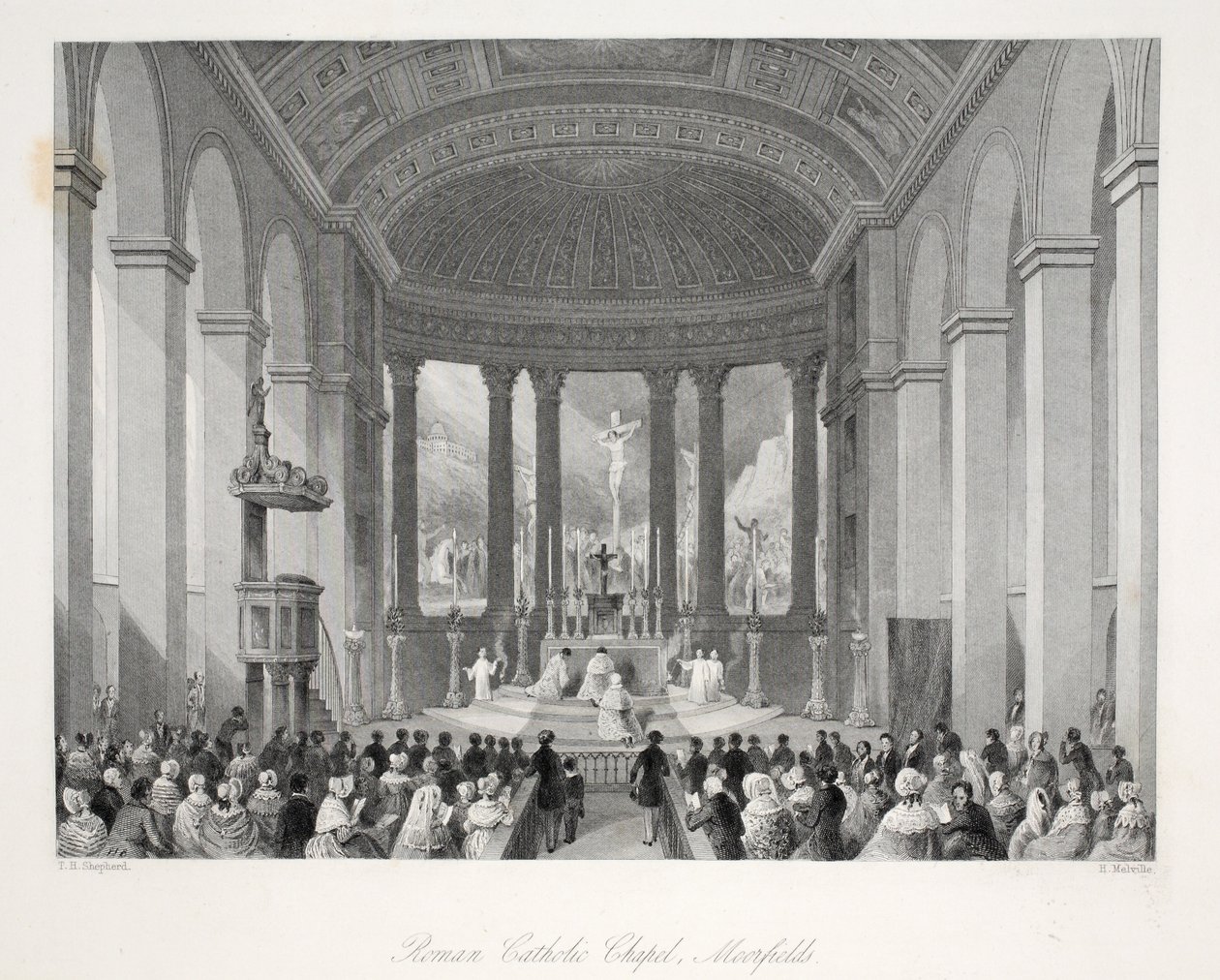 Római katolikus kápolna, Moorfields, a „London Interiors a jelmezeikkel és szertartásaikkal” kocsmából. Joseph Mead, London, 1843 körül (acélmetszet) alkotó: Thomas Hosmer Shepherd