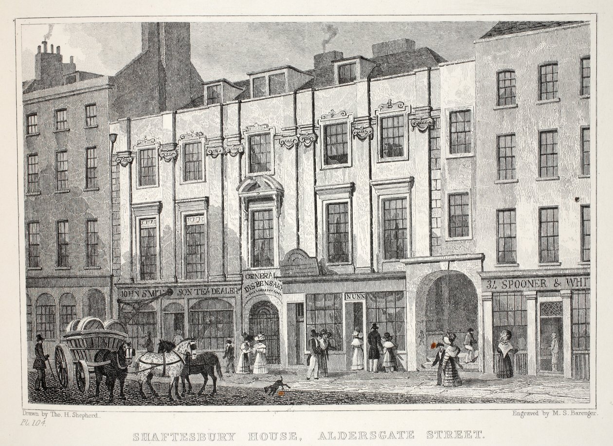 Shaftesbury House, Aldersgate Street, a „London és környéke a tizenkilencedik században” kocsmából. Jones und Co., 1827-1829 alkotó: Thomas Hosmer Shepherd