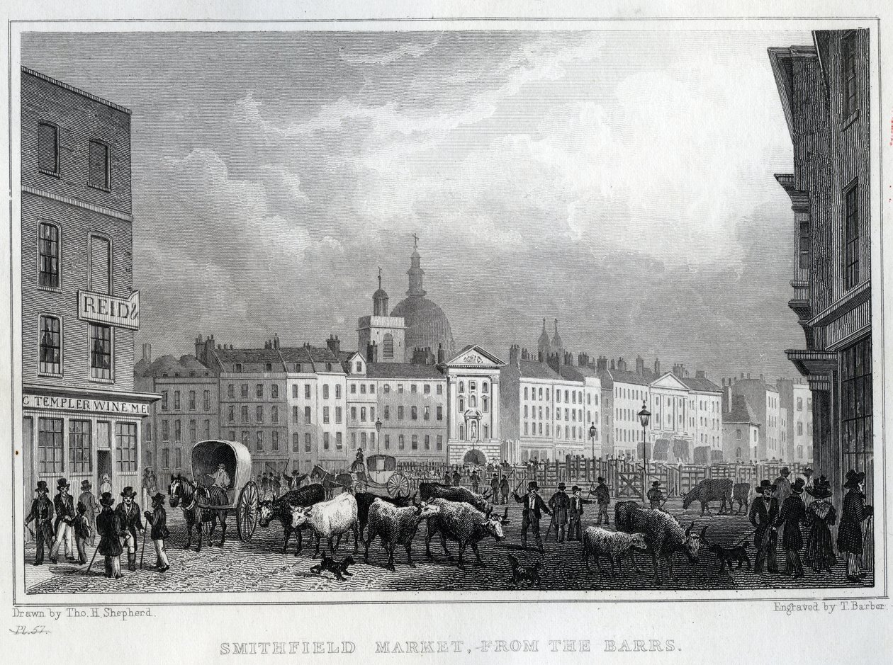 Smithfield Market a Barrsból, Thomas Barber metszet, 1830 körül alkotó: Thomas Hosmer Shepherd