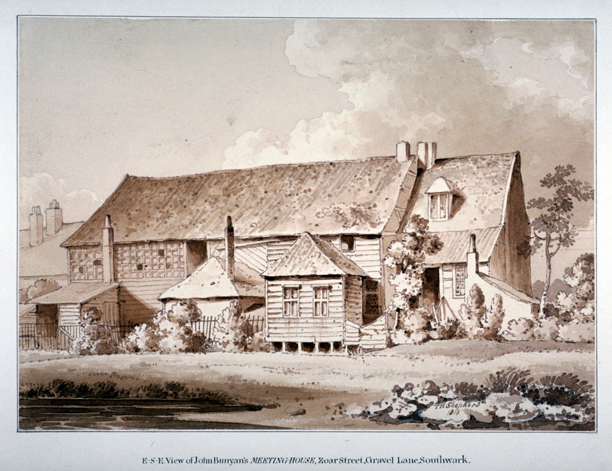 John Bunyan gyülekezeti házának délkeleti nézete, Zoar Street, Southwark, London, 1813 alkotó: Thomas Hosmer Shepherd