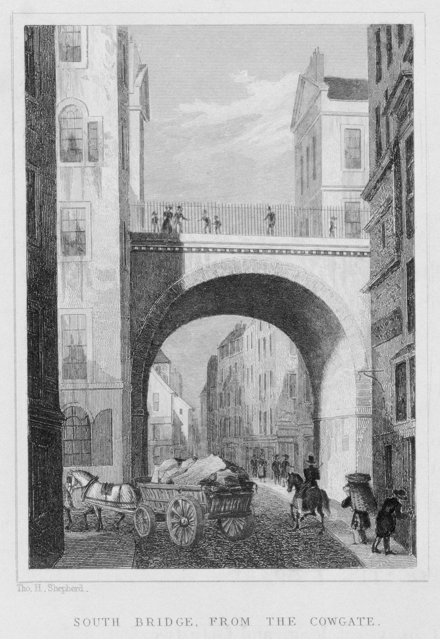 Déli híd a Cowgate-től, Edinburgh, William Watkins metszet, 1831 alkotó: Thomas Hosmer Shepherd