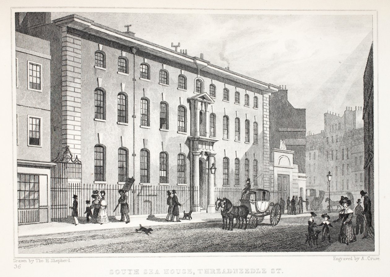 South Sea House, Threadneedle Street, a "London és környéke a tizenkilencedik században" című pubból. Jones und Co., 1827-1829 alkotó: Thomas Hosmer Shepherd