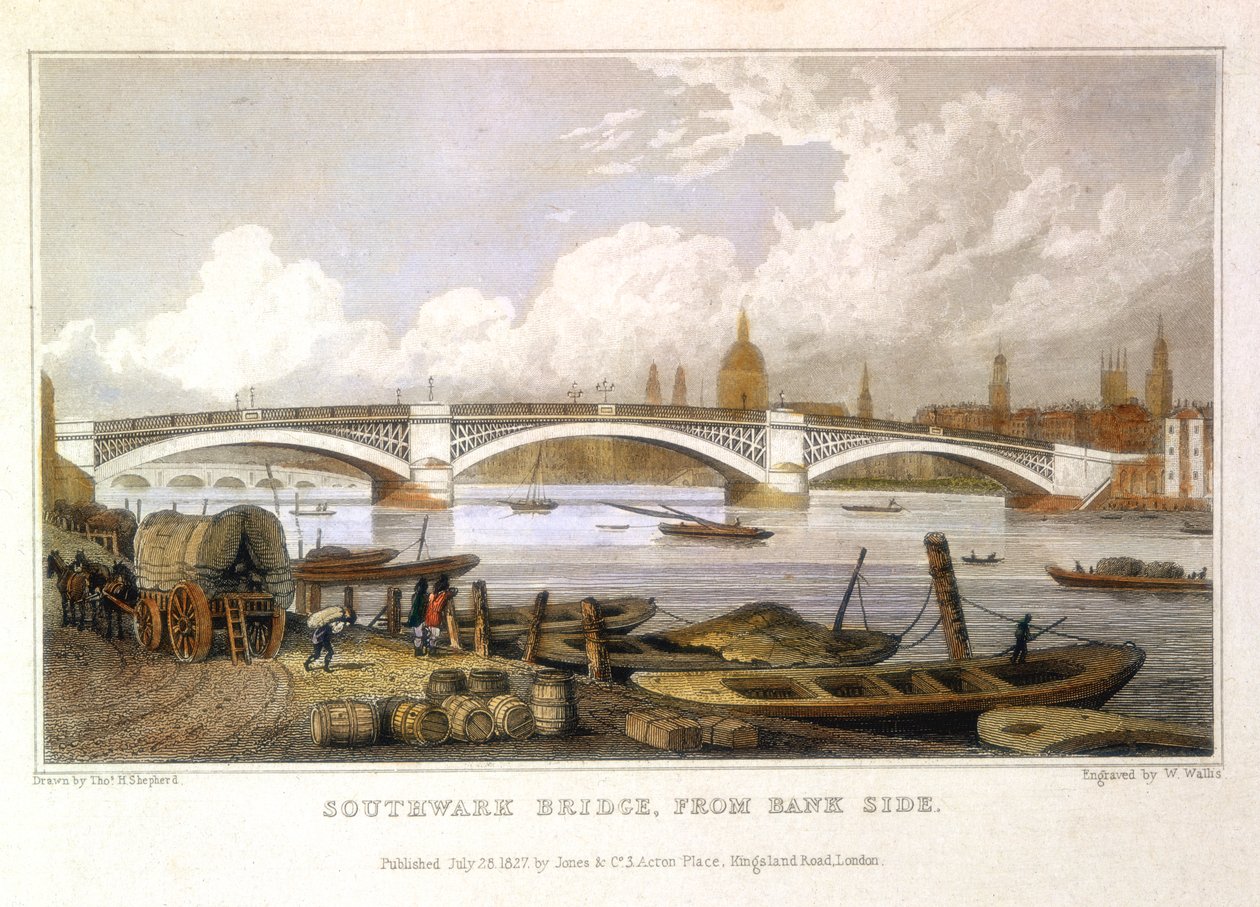 Southwark Bridge a Bank Side-től, London, 1817 alkotó: Thomas Hosmer Shepherd
