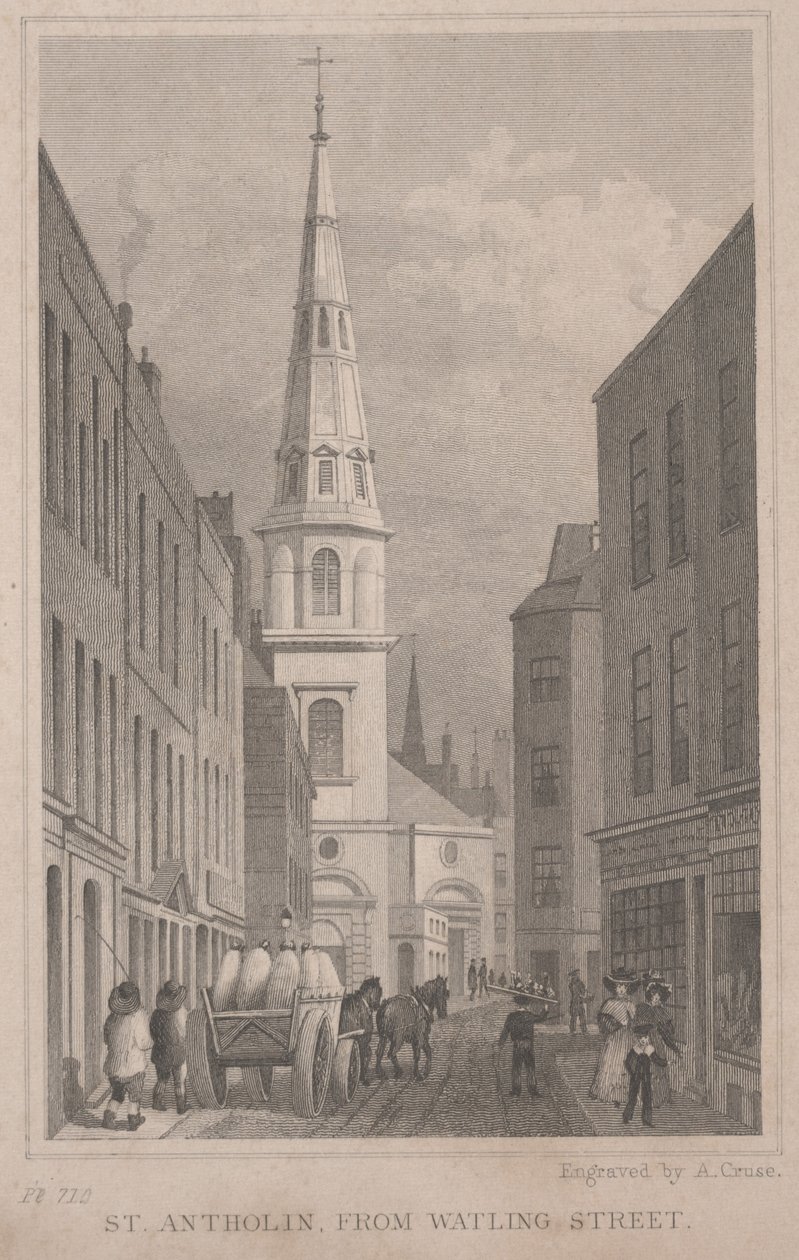 St. Antholin, a Watling Streetről, A. Cruse metszete, 1830 körül (metszet) alkotó: Thomas Hosmer Shepherd