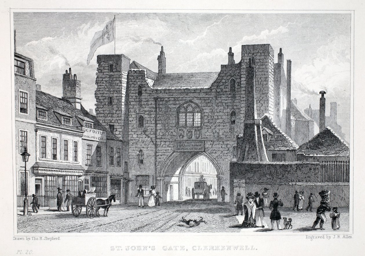 St Johns Gate, Clerkenwell, a „London és környéke a tizenkilencedik században” kocsmából. Jones und Co., 1827-1829 alkotó: Thomas Hosmer Shepherd