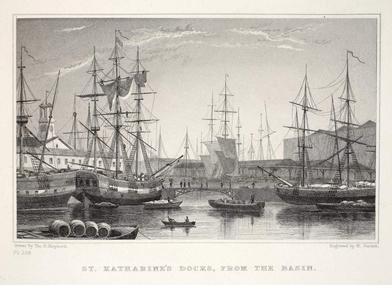 St Katherine Docks, a Basin, a Tower, London és környéke a tizenkilencedik századi kocsmában. Jones und Co., 1827-1829 alkotó: Thomas Hosmer Shepherd