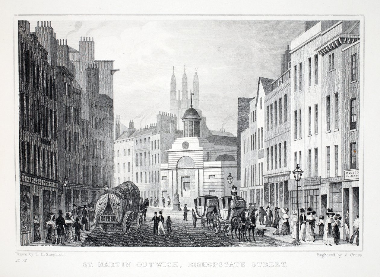 St Martin Outwich, Bishopsgate Street, Londonból és környékéről a tizenkilencedik századi kocsmában. Jones und Co., 1827-1829 alkotó: Thomas Hosmer Shepherd