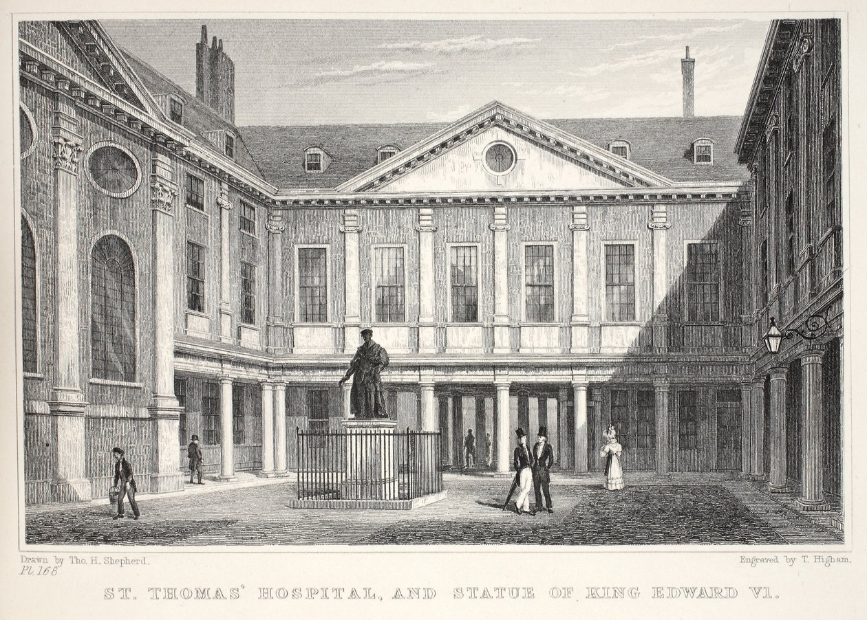 Szent Tamás Kórház és VI. Edward király szobra, a „London és környéke a tizenkilencedik században” kocsmából. Jones und Co., 1827-1829 alkotó: Thomas Hosmer Shepherd