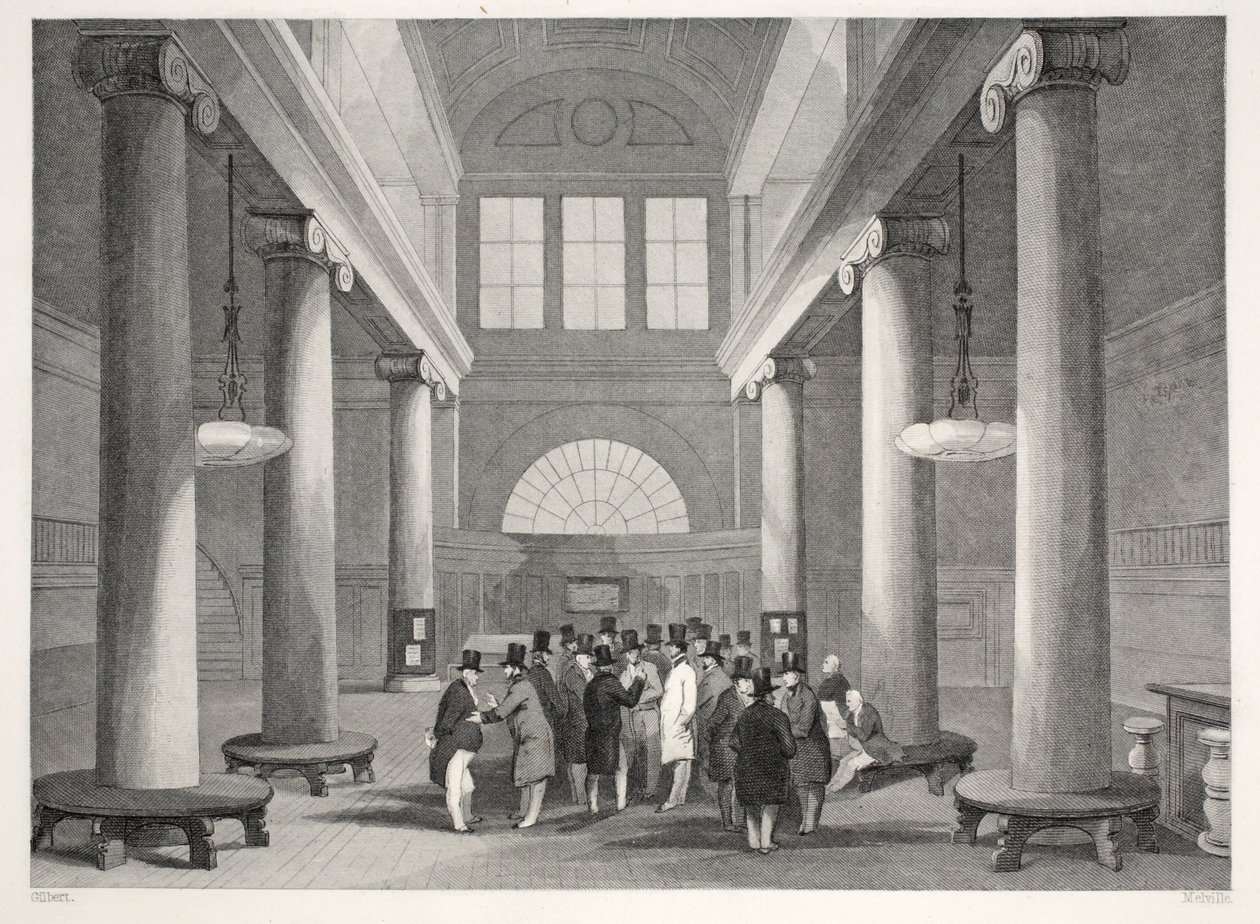 Tőzsde, a „London Interiors with their Costumes and Ceremonies” pubból. Joseph Mead, London, 1843 körül (acélmetszet) alkotó: Thomas Hosmer Shepherd