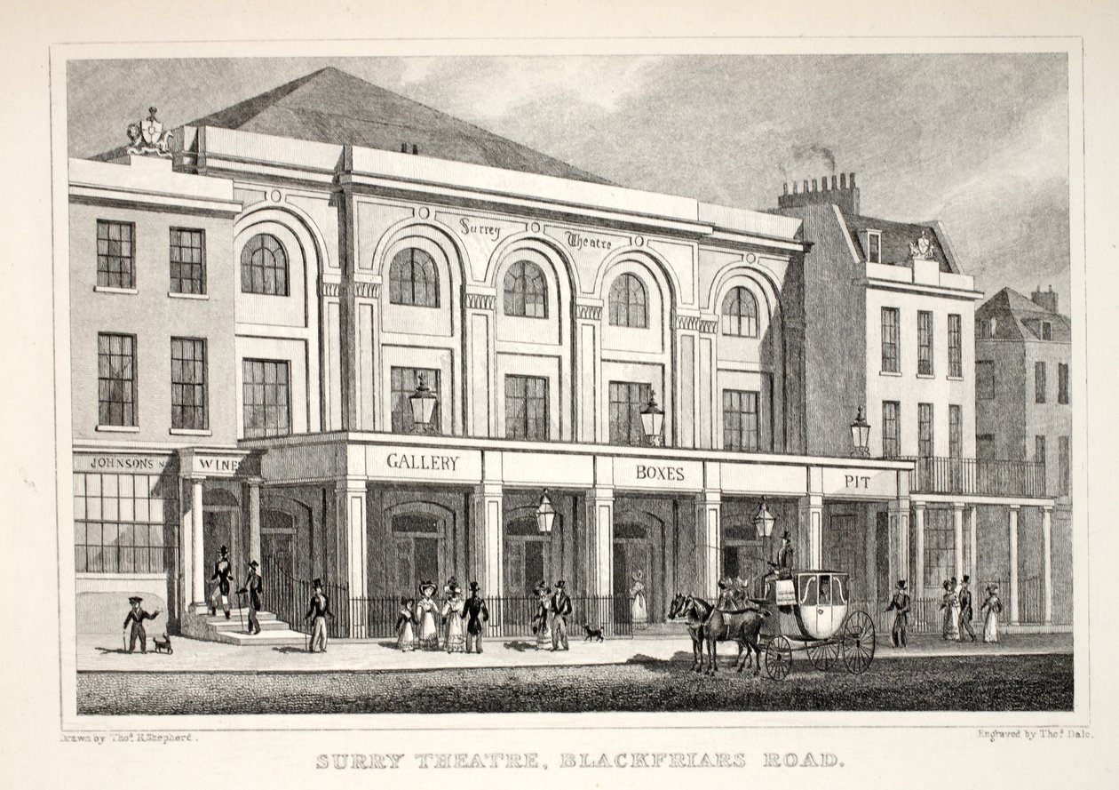 Surry Theatre, Blackfriars Road, a „London és környéke a tizenkilencedik században” kocsmából. Jones und Co., 1827-1829 alkotó: Thomas Hosmer Shepherd