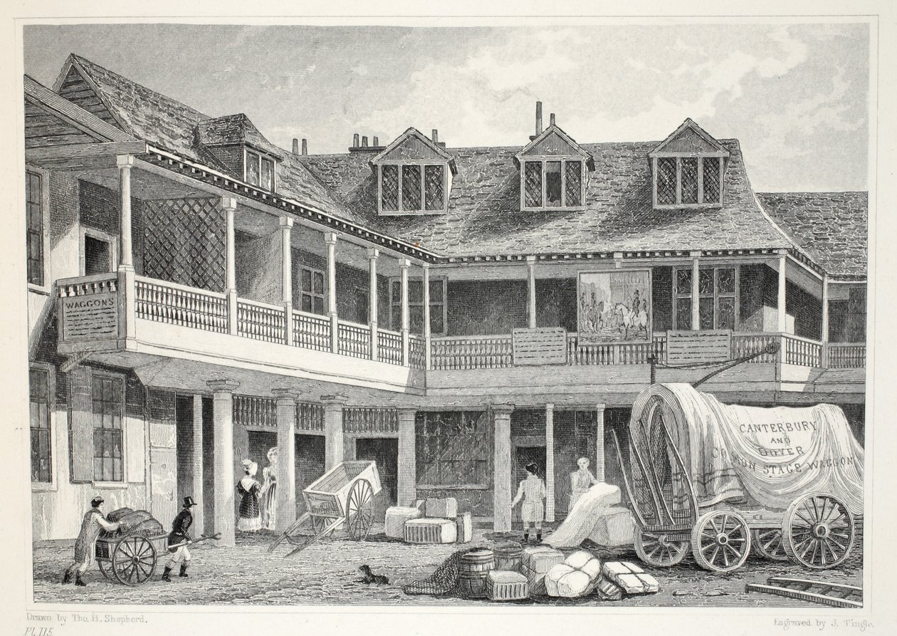 Talbot Inn, Southwark, a „London és környéke a tizenkilencedik században” pubból. Jones und Co., 1827-1829 alkotó: Thomas Hosmer Shepherd