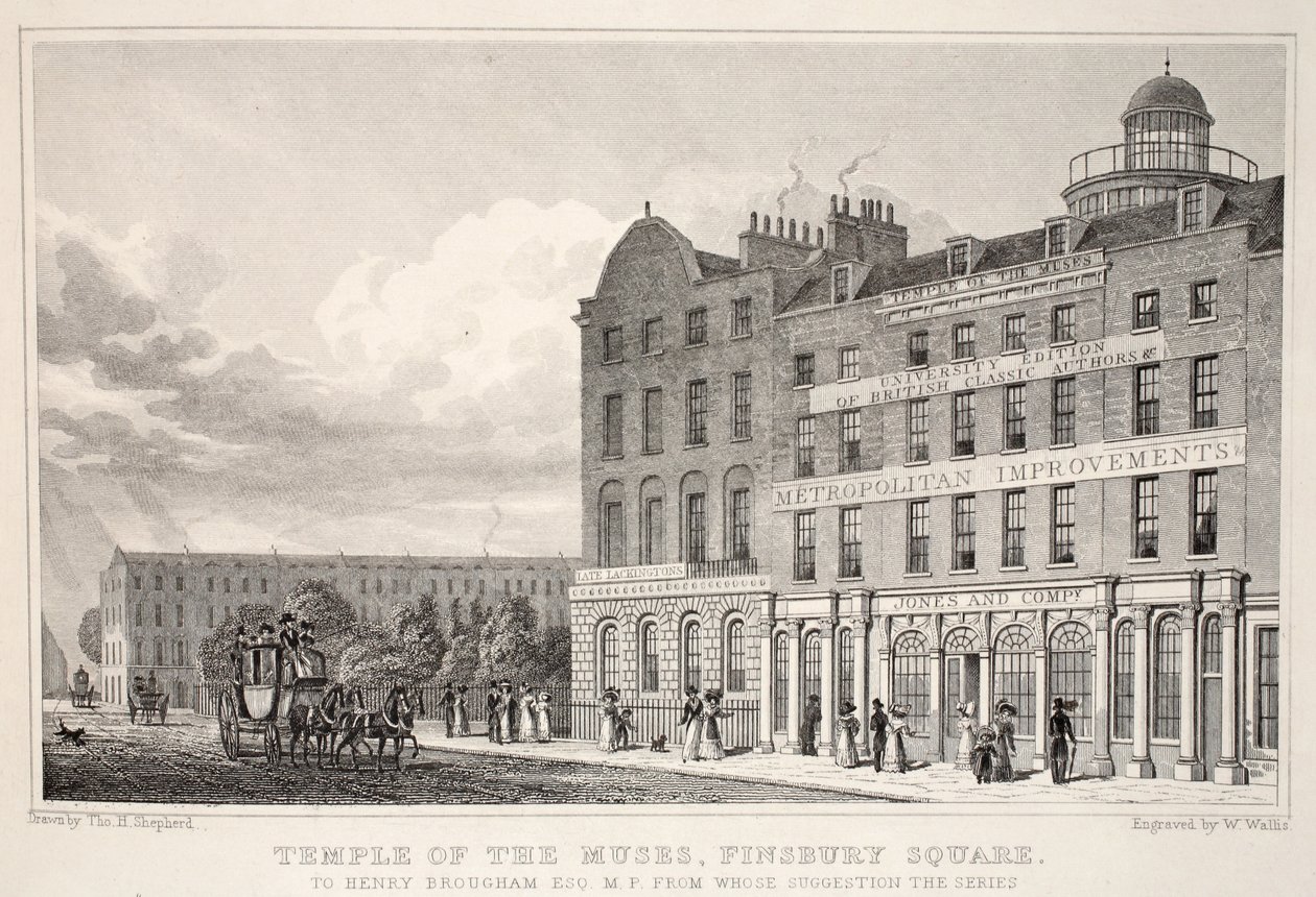 A múzsák temploma, a Finsbury Square, a „London és környéke a tizenkilencedik században” kocsmából. Jones und Co., 1827-1829 alkotó: Thomas Hosmer Shepherd