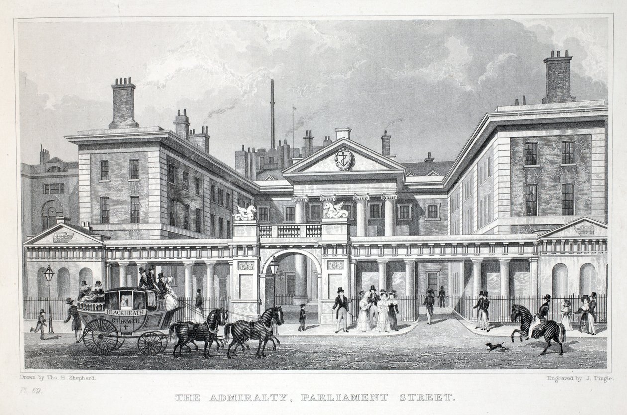 Az Admiralitás, a Parliament Street, a „London és környéke a tizenkilencedik században” kocsmából. Jones und Co., 1827-1829 alkotó: Thomas Hosmer Shepherd