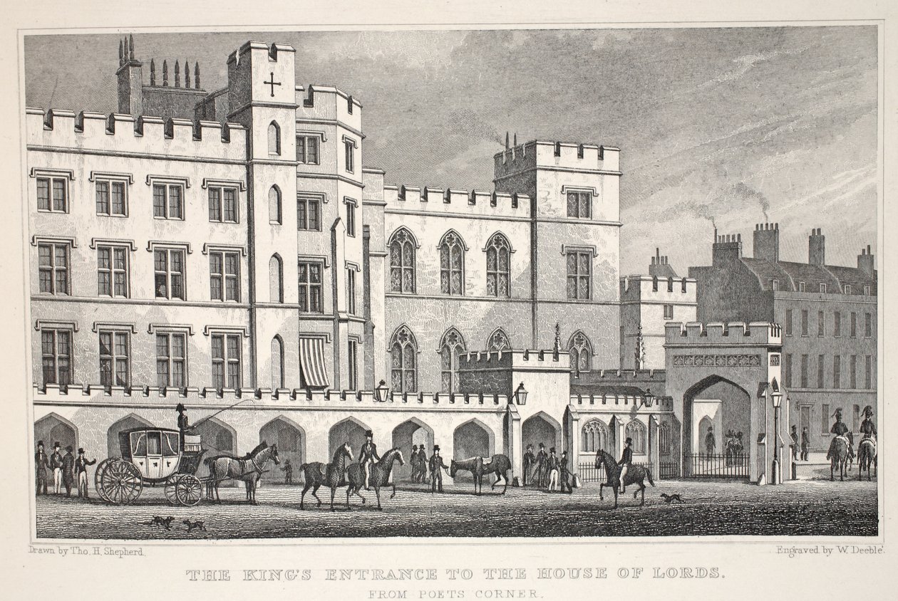 A Lordok Házának királyi bejárata a Poets Cornerből, a „London és környéke a tizenkilencedik században” kocsmából. Jones und Co., 1827-1829 alkotó: Thomas Hosmer Shepherd