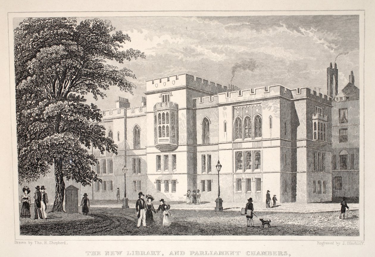 Az Új Könyvtár és a Parlament Háza a „London és környéke a tizenkilencedik században” kocsmából. Jones und Co., 1827-1829 alkotó: Thomas Hosmer Shepherd