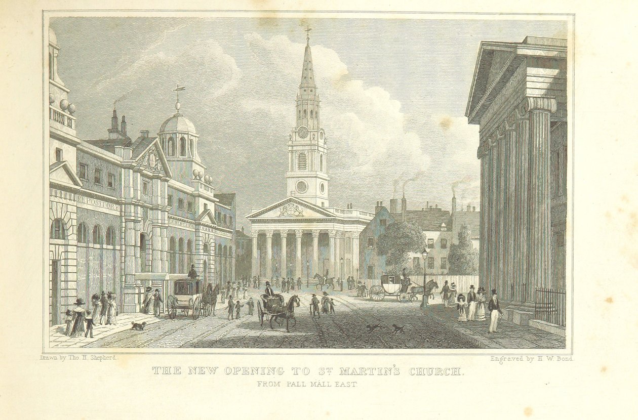 A Szent Márton-templom új nyílása a Pall Mall East felől, a „Metropolitan Improvements” kínálatából alkotó: Thomas Hosmer Shepherd