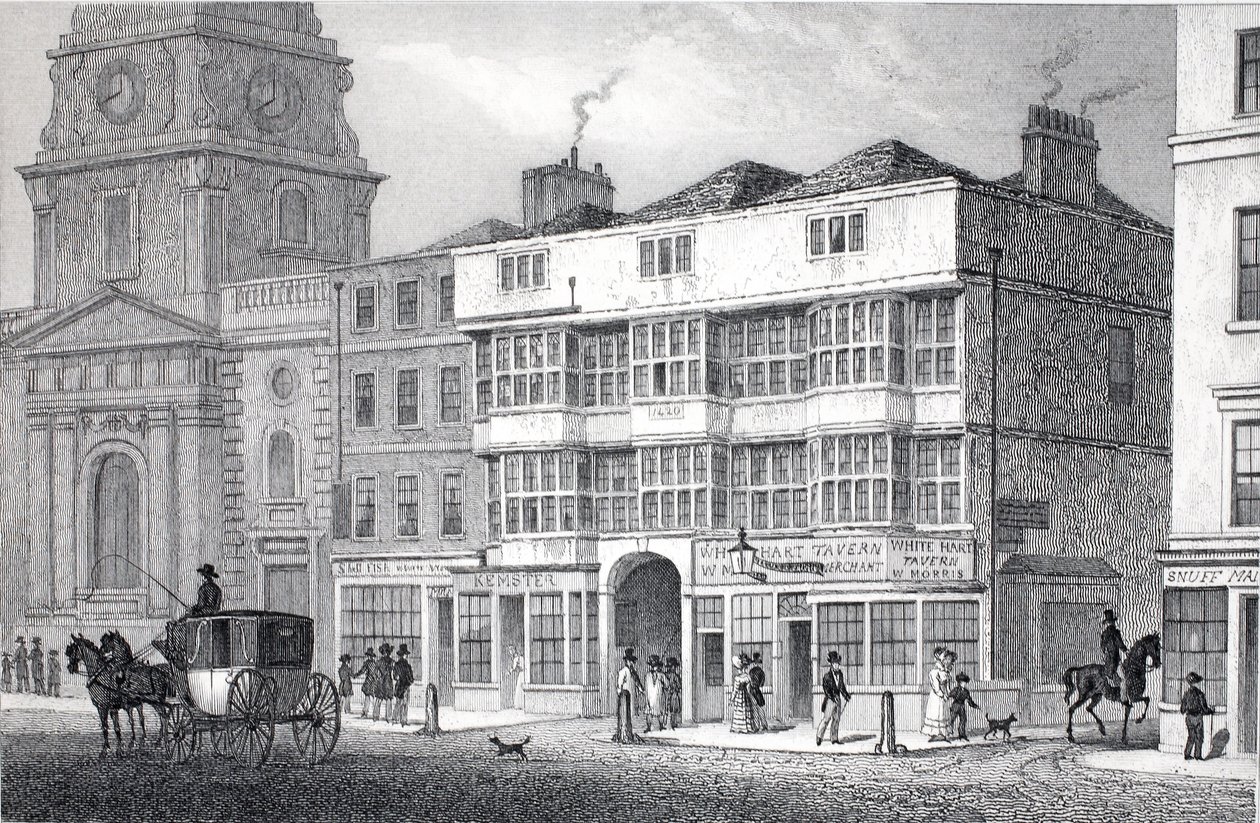 Az Old White Hart Tavern, Bishopsgate Street, a „London és környéke a tizenkilencedik században” kocsmából. Jones und Co., 1827-1829 alkotó: Thomas Hosmer Shepherd