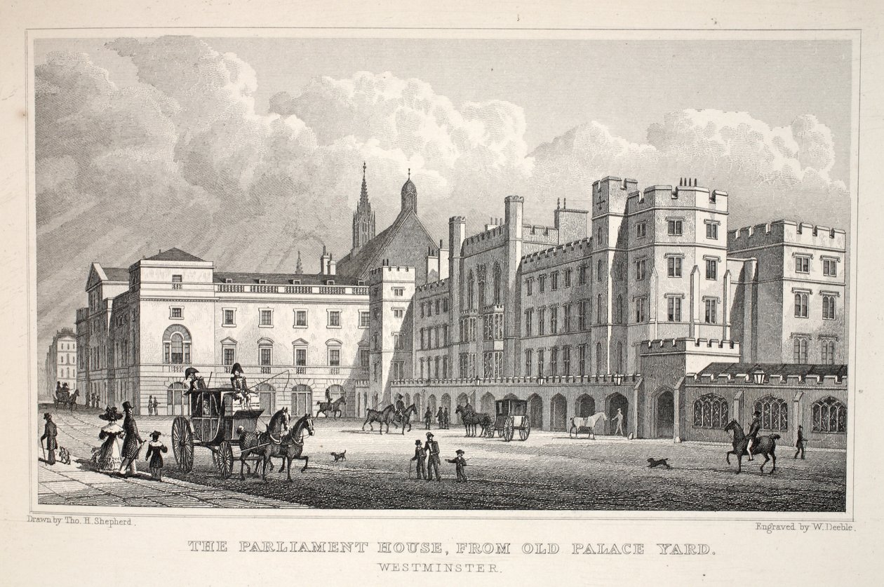 A Parlament épülete az Old Palace Yardból, Westminsterből, a „London és környéke a tizenkilencedik században” kocsmából. Jones und Co., 1827-1829 alkotó: Thomas Hosmer Shepherd