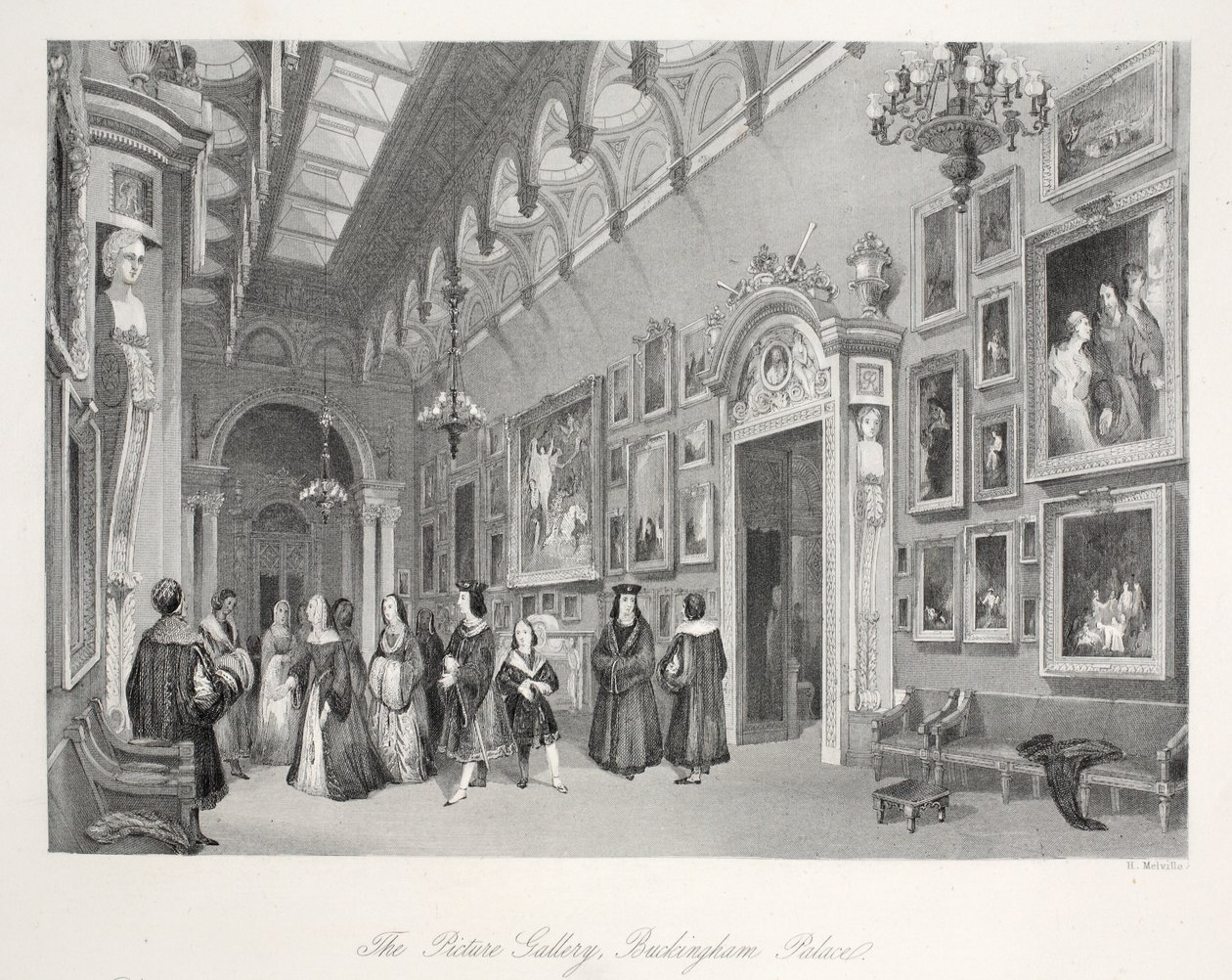 A Buckingham-palota Képgalériája a „London Interiors with their Costumes and Ceremonies” kocsmából. Joseph Mead, London, 1843 körül (acélmetszet) alkotó: Thomas Hosmer Shepherd