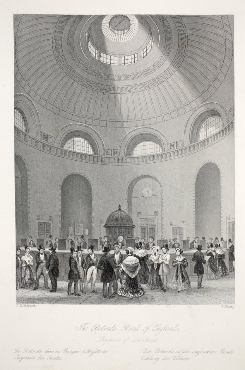 A Rotunda a Bank of England-ben, a „London Interiors with their Costumes and Ceremonies” kocsmából. Joseph Mead, London, 1843 körül (acélmetszet) alkotó: Thomas Hosmer Shepherd
