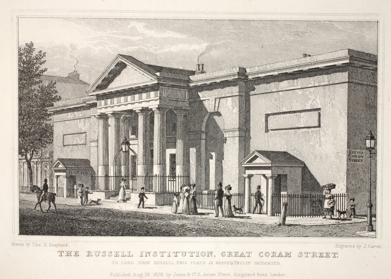 A Russell Institution, Great Coram Street, a „London és környéke a tizenkilencedik században” kocsmából. Jones und Co., 1827-1829 alkotó: Thomas Hosmer Shepherd