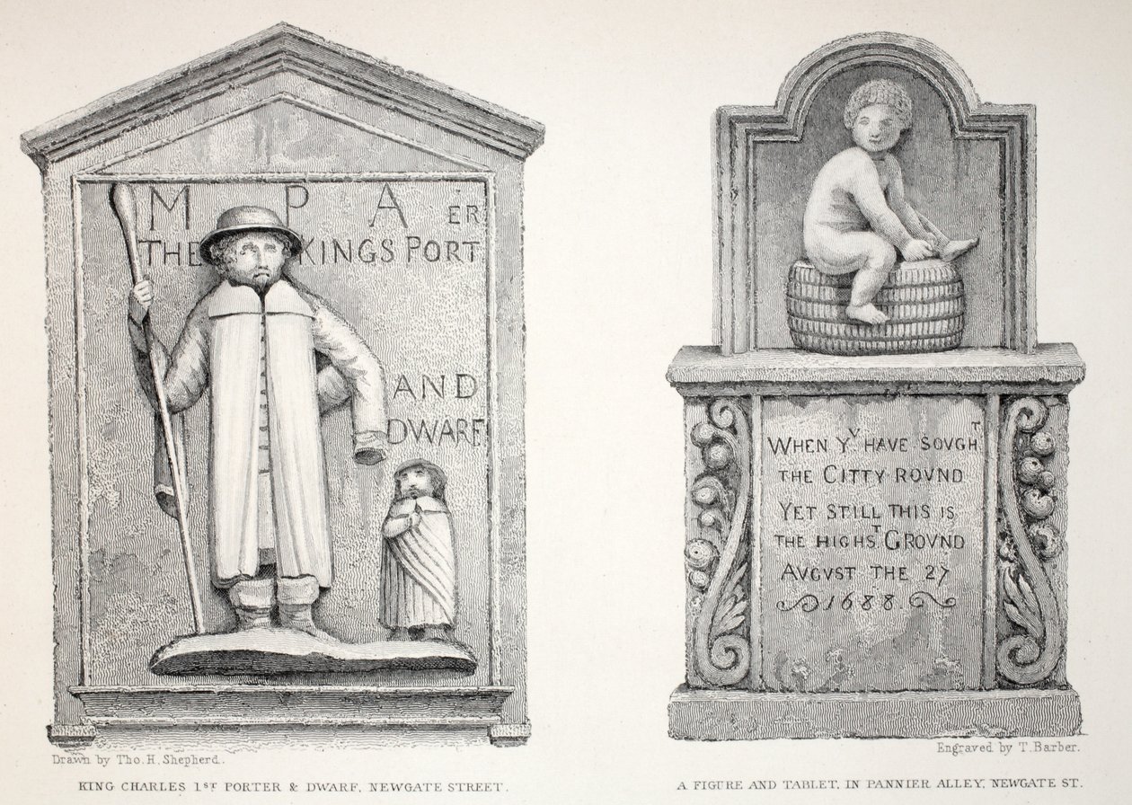 A tábla a Pannier Alley-ben – Károly király portája és törpe, a „London és környéke a tizenkilencedik században” kocsmából. Jones und Co., 1827-1829 alkotó: Thomas Hosmer Shepherd