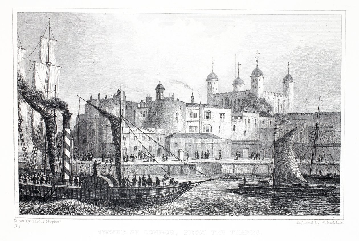 A londoni Tower a Temze felől, a "London és környéke a tizenkilencedik században" pubból. Jones und Co., 1827-1829 alkotó: Thomas Hosmer Shepherd