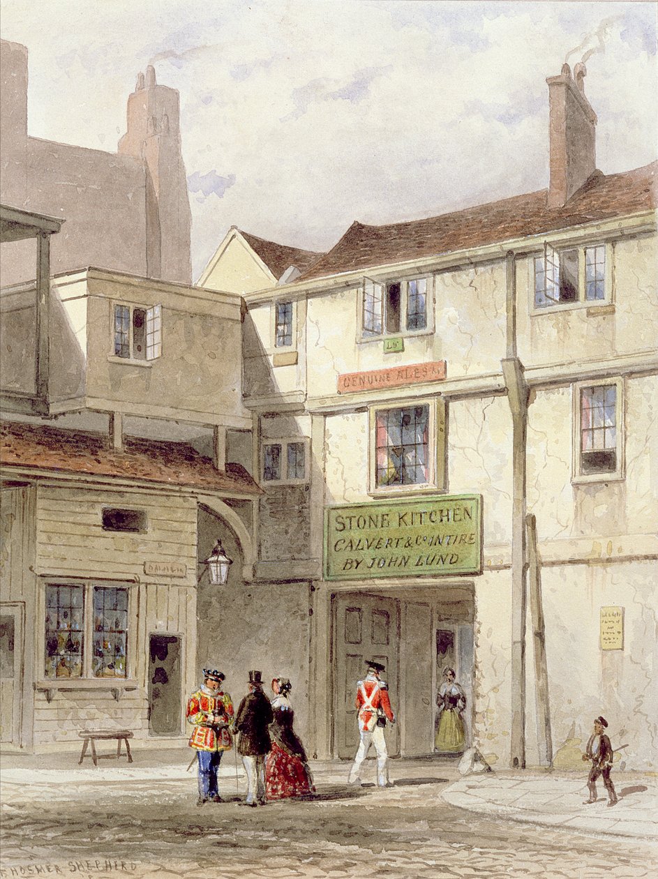 Az ünnepelt étkezde a toronyban - a Kőkonyha néven - 1827-ben lerobbant (akvarell) alkotó: Thomas Hosmer Shepherd