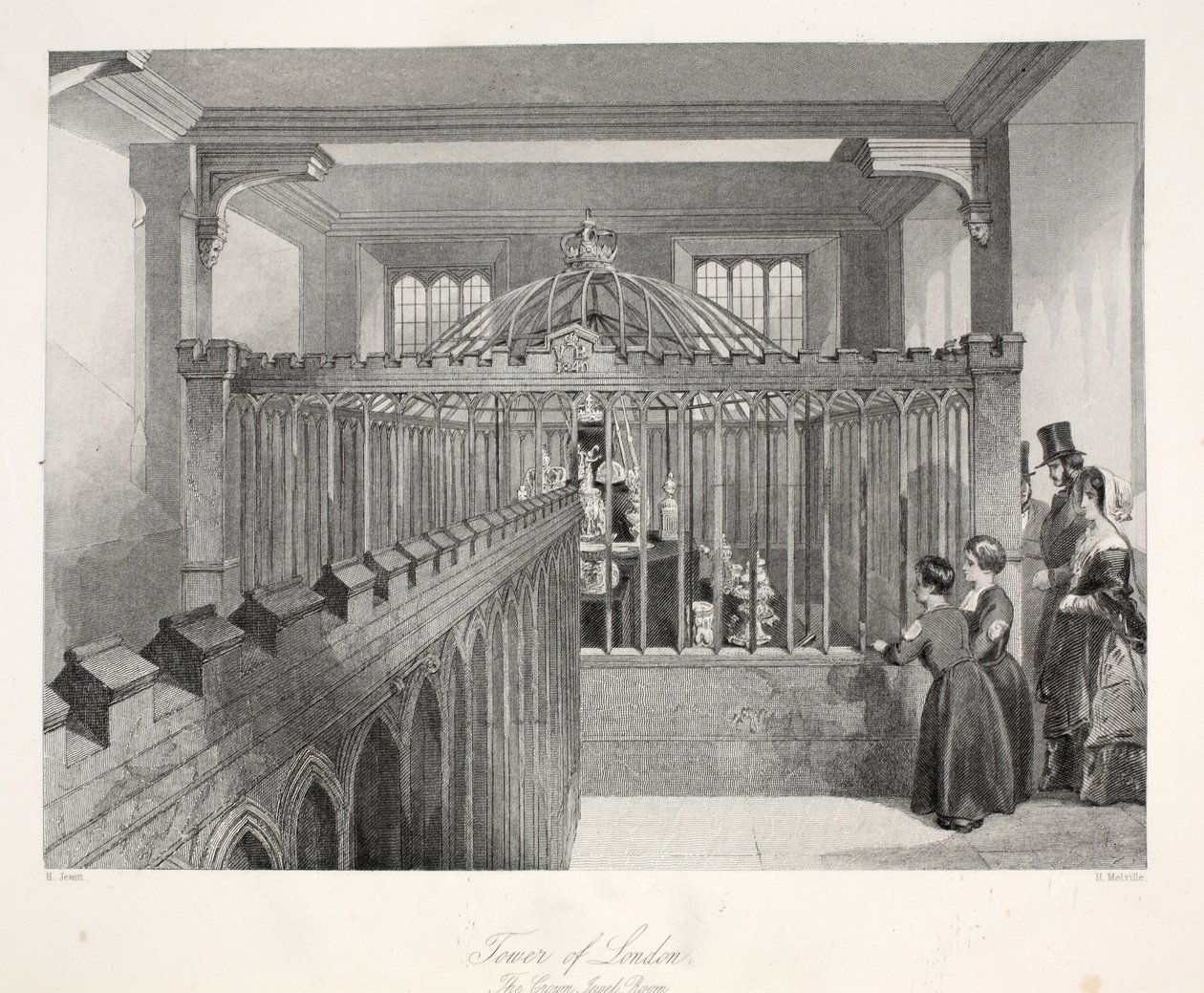 A londoni Tower, a The Crown Jewel Room, a „London Interiors with their Costumes and Ceremonies” kocsmából. Joseph Mead, London, 1843 körül (acélmetszet) alkotó: Thomas Hosmer Shepherd