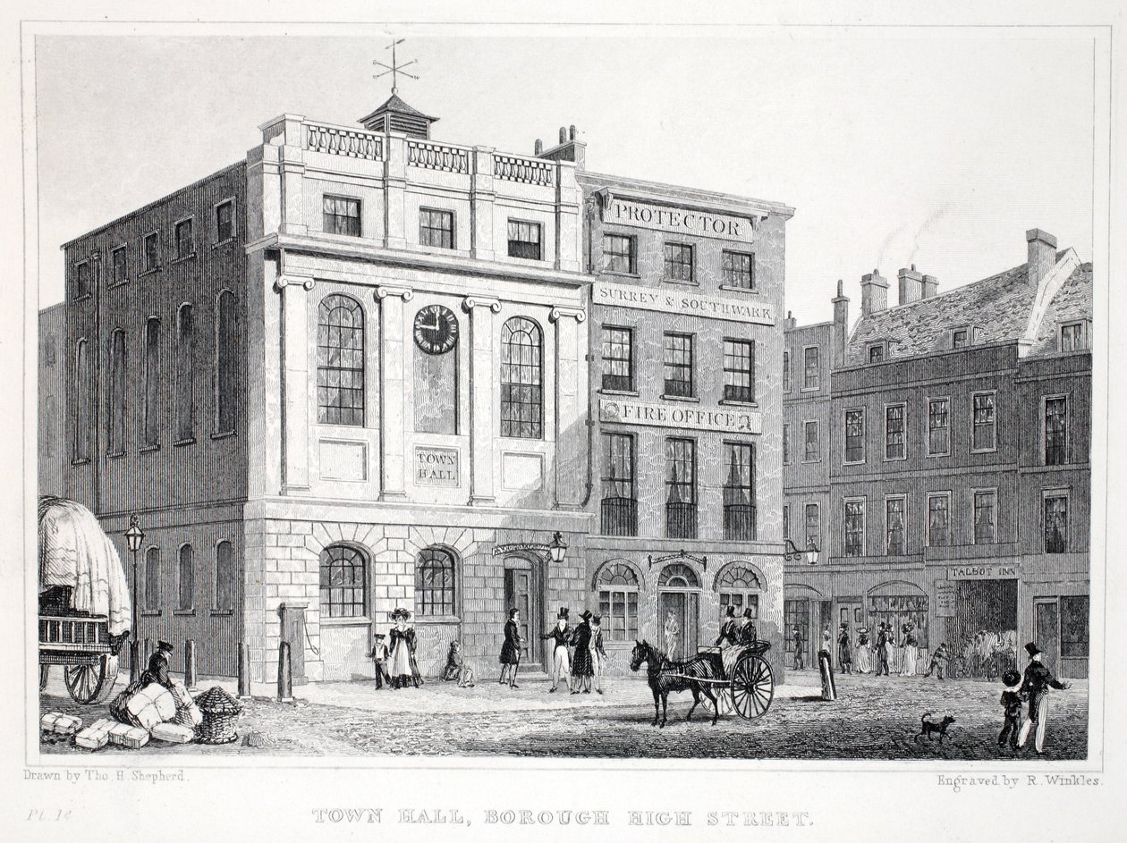Town Hall, Borough High Street, a „London és környéke a tizenkilencedik században” kocsmából. Jones und Co., 1827-1829 alkotó: Thomas Hosmer Shepherd