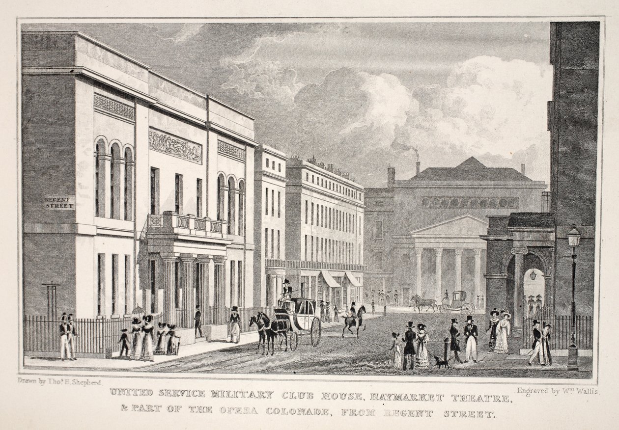 United Service Military Club House, Haymarket Színház és az Opera Colonnade egy része a Regent Street felől, a „London and it