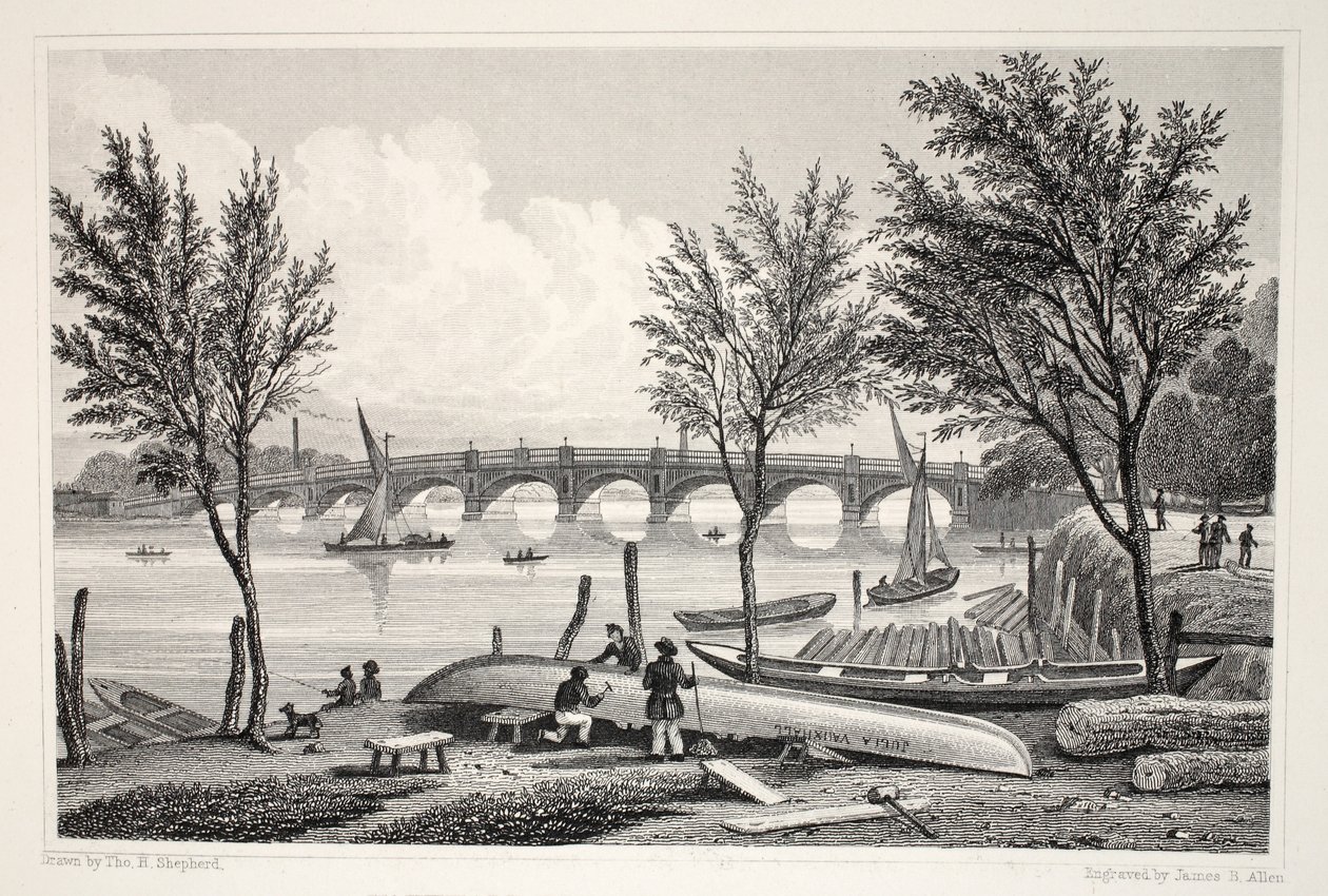 Vauxhall híd a Millbankból, a „London és környéke a tizenkilencedik században” pubból. Jones und Co., 1827-1829 alkotó: Thomas Hosmer Shepherd