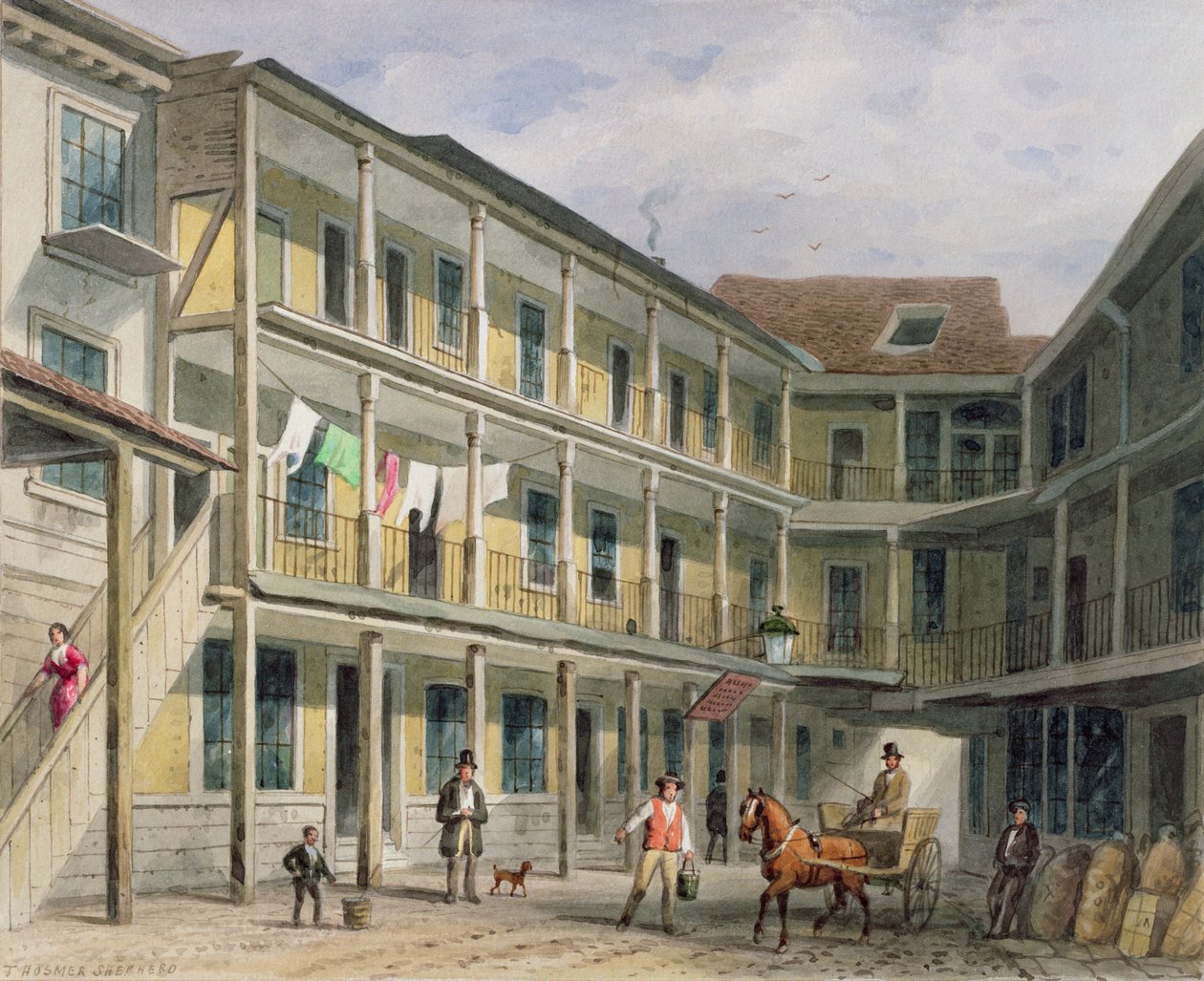A Blue Boar Inn udvarának látképe, Aldgate 30. szám, 1850 körül. alkotó: Thomas Hosmer Shepherd