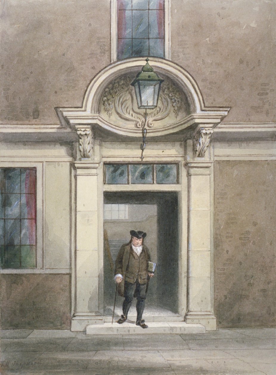 Kilátás Dr. Johnson ajtajára és lépcsőházára, Inner Temple Lane, City of London, 1855. alkotó: Thomas Hosmer Shepherd