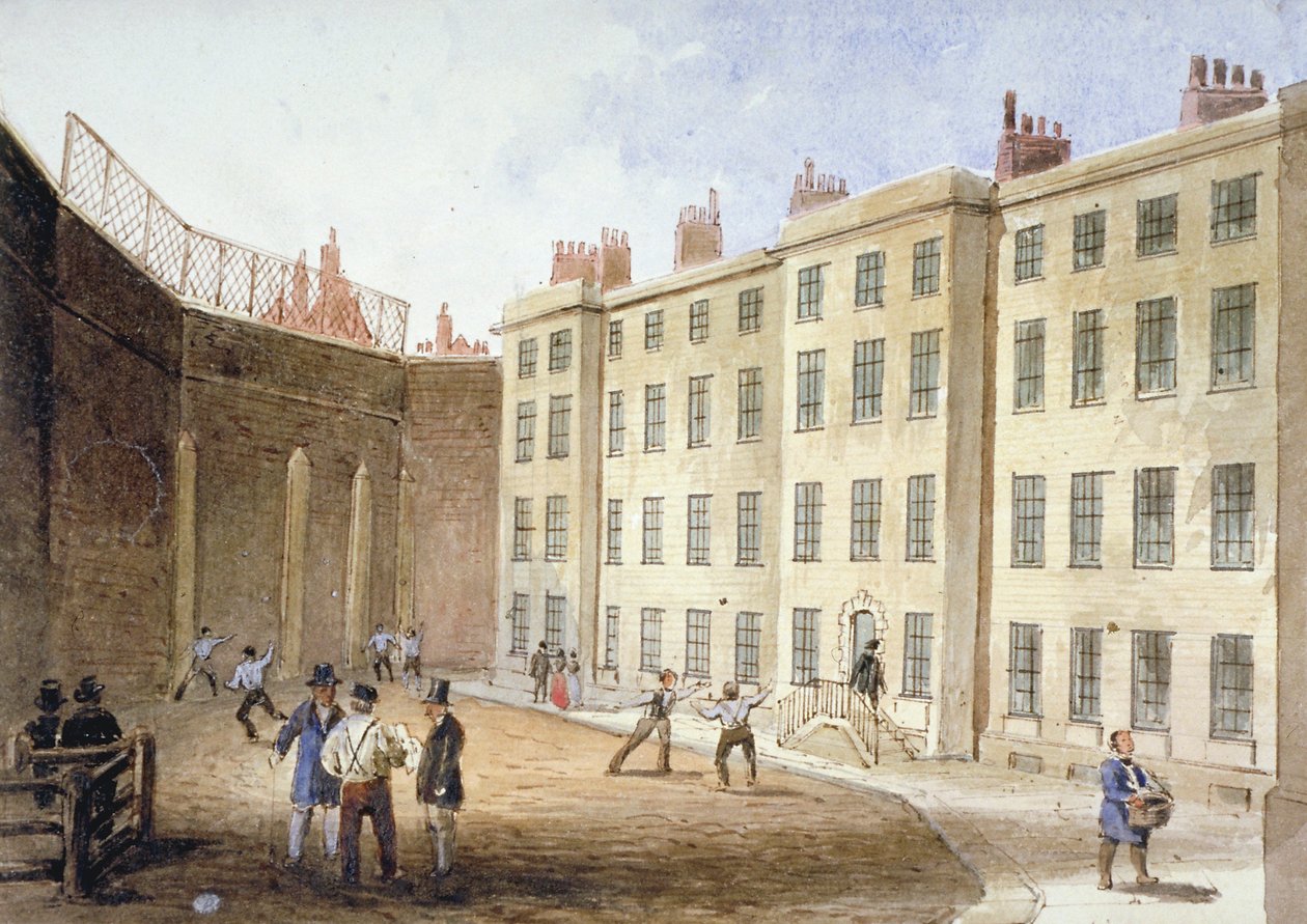 Kilátás a Fleet börtönre a teniszpályáról, City of London, 1845 alkotó: Thomas Hosmer Shepherd