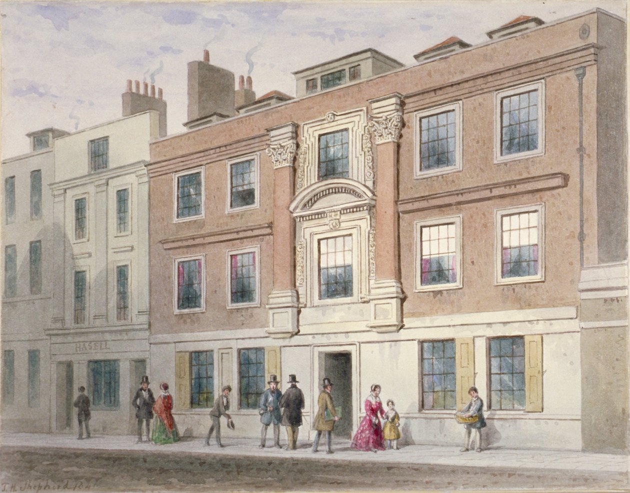 Kilátás egy kastélyra a Great Winchester Streeten, London Cityben, 1841 alkotó: Thomas Hosmer Shepherd