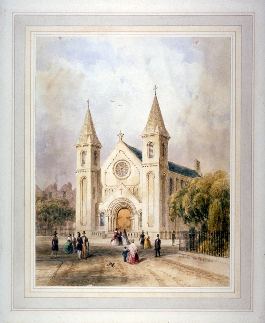 Kilátás egy ismeretlen vallási épületre a Regent Square-en, St Pancras, London, 1842. alkotó: Thomas Hosmer Shepherd