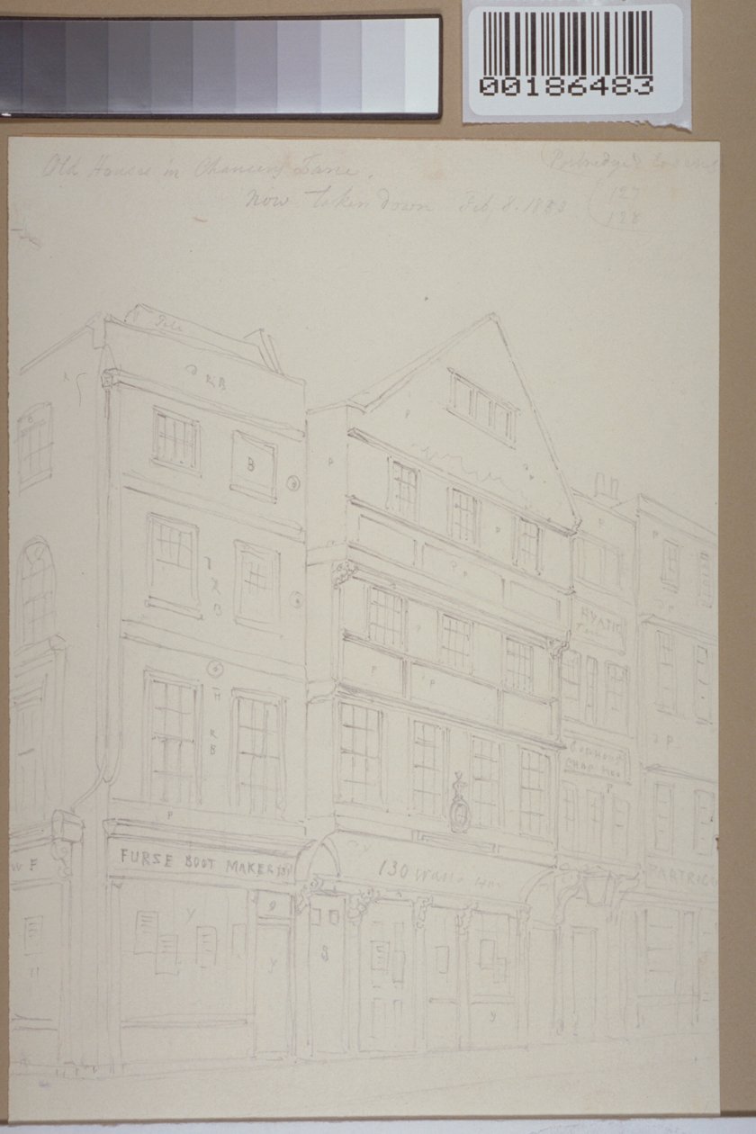 Kilátás a régi házakra a Chancery Lane-ben, 1853 alkotó: Thomas Hosmer Shepherd