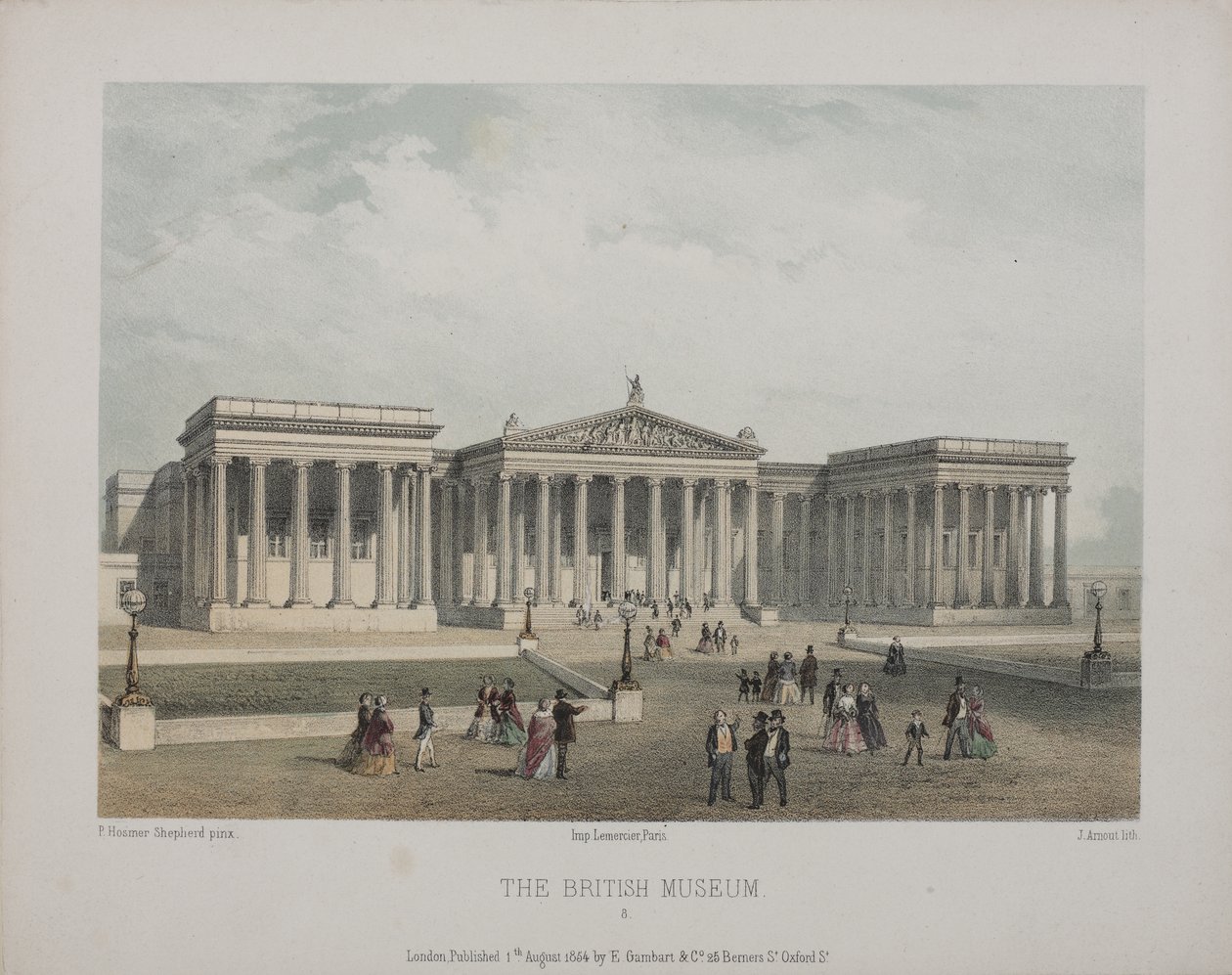 Kilátás a British Museumra, kint sétáló látogatókkal, 1854 alkotó: Thomas Hosmer Shepherd