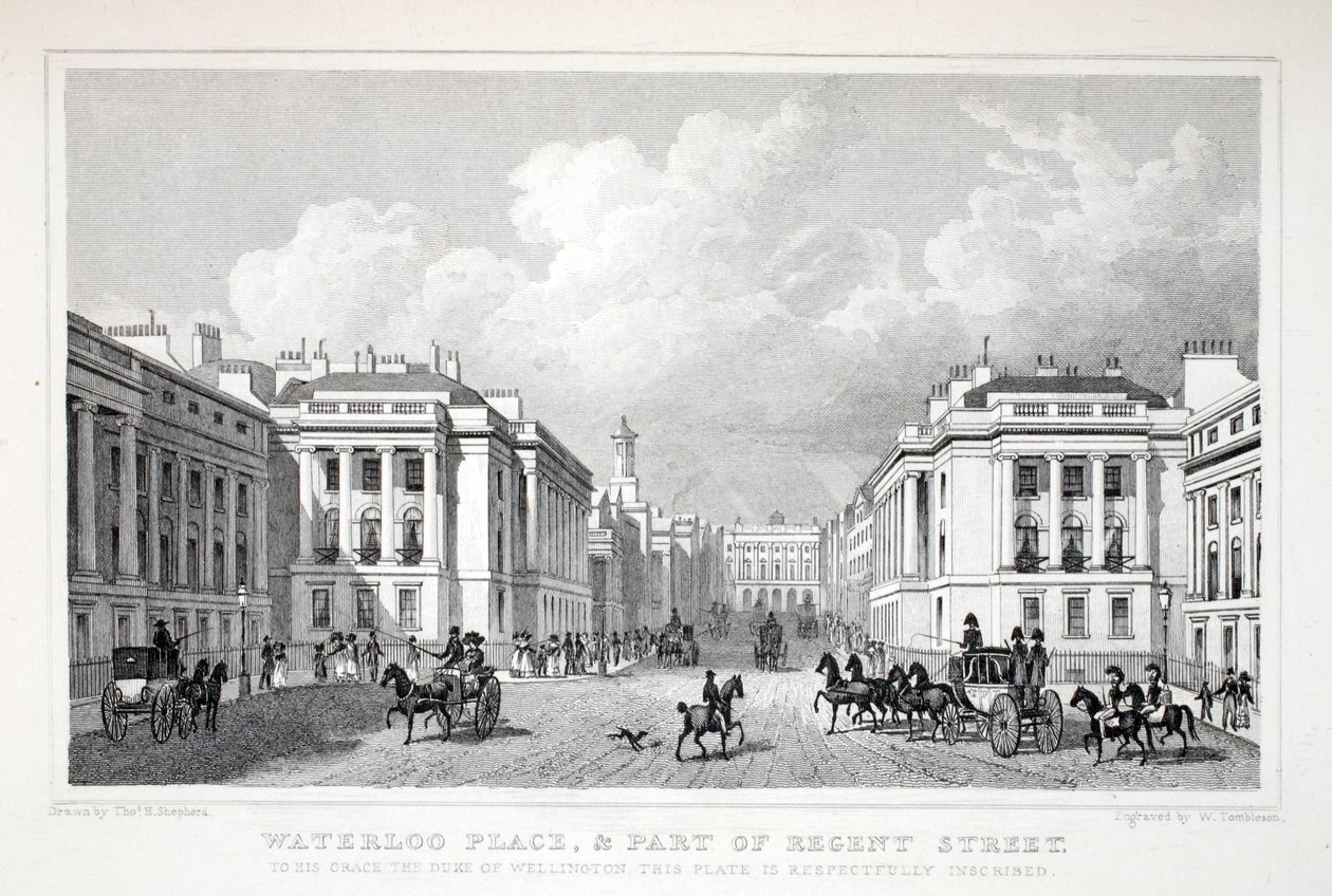 Waterloo Place, és a Regent Street egy része, a „London és környéke a tizenkilencedik században” pubból. Jones und Co., 1827-1829 alkotó: Thomas Hosmer Shepherd