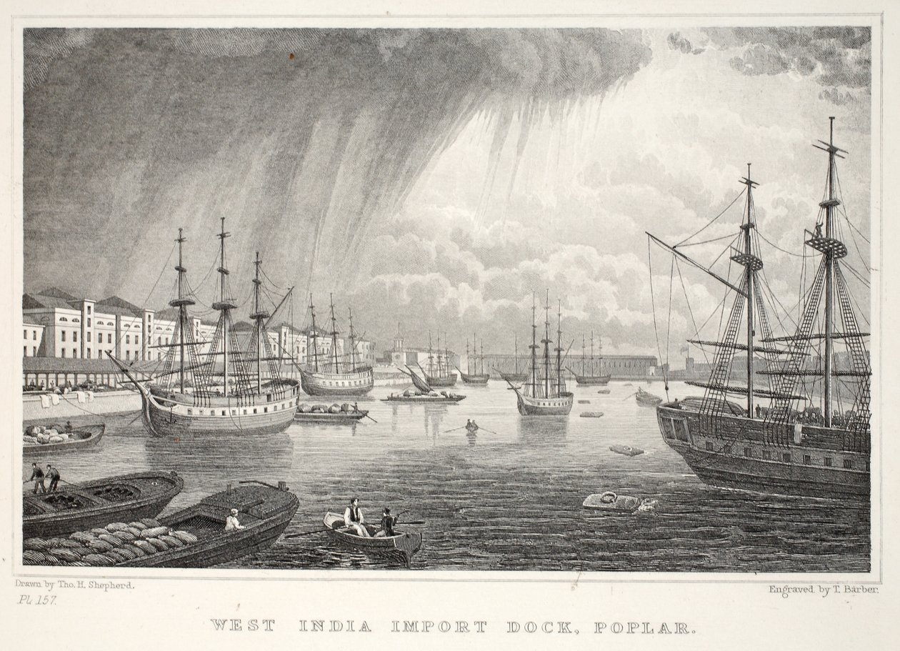 West India Docks, Isle of Dogs, Londonból és környéke a tizenkilencedik századi pubban. Jones und Co., 1827-1829 alkotó: Thomas Hosmer Shepherd