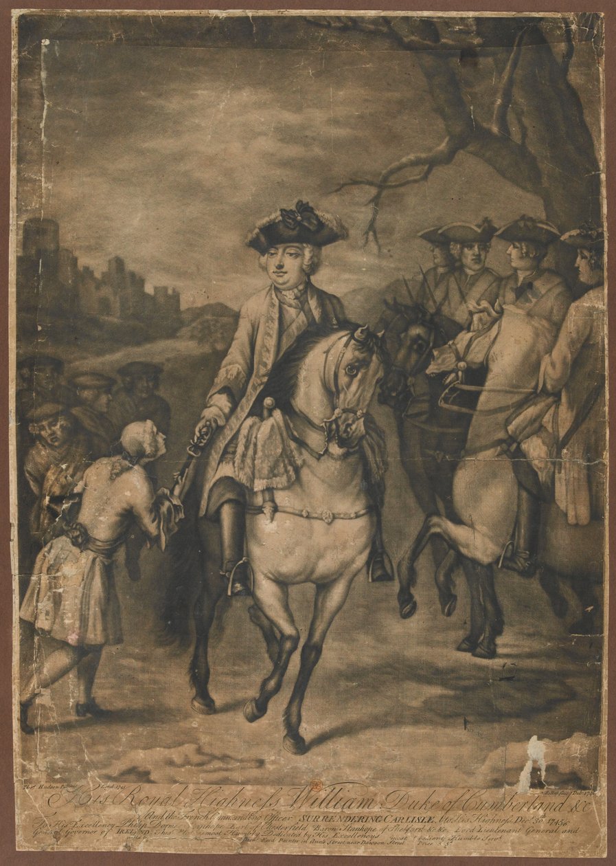 Őfelsége, Cumberland hercege, és a francia parancsnok, amint átadja Carlisle-t Őfelségének, 1745. december 30., 1746 (metszet) alkotó: Thomas Hudson