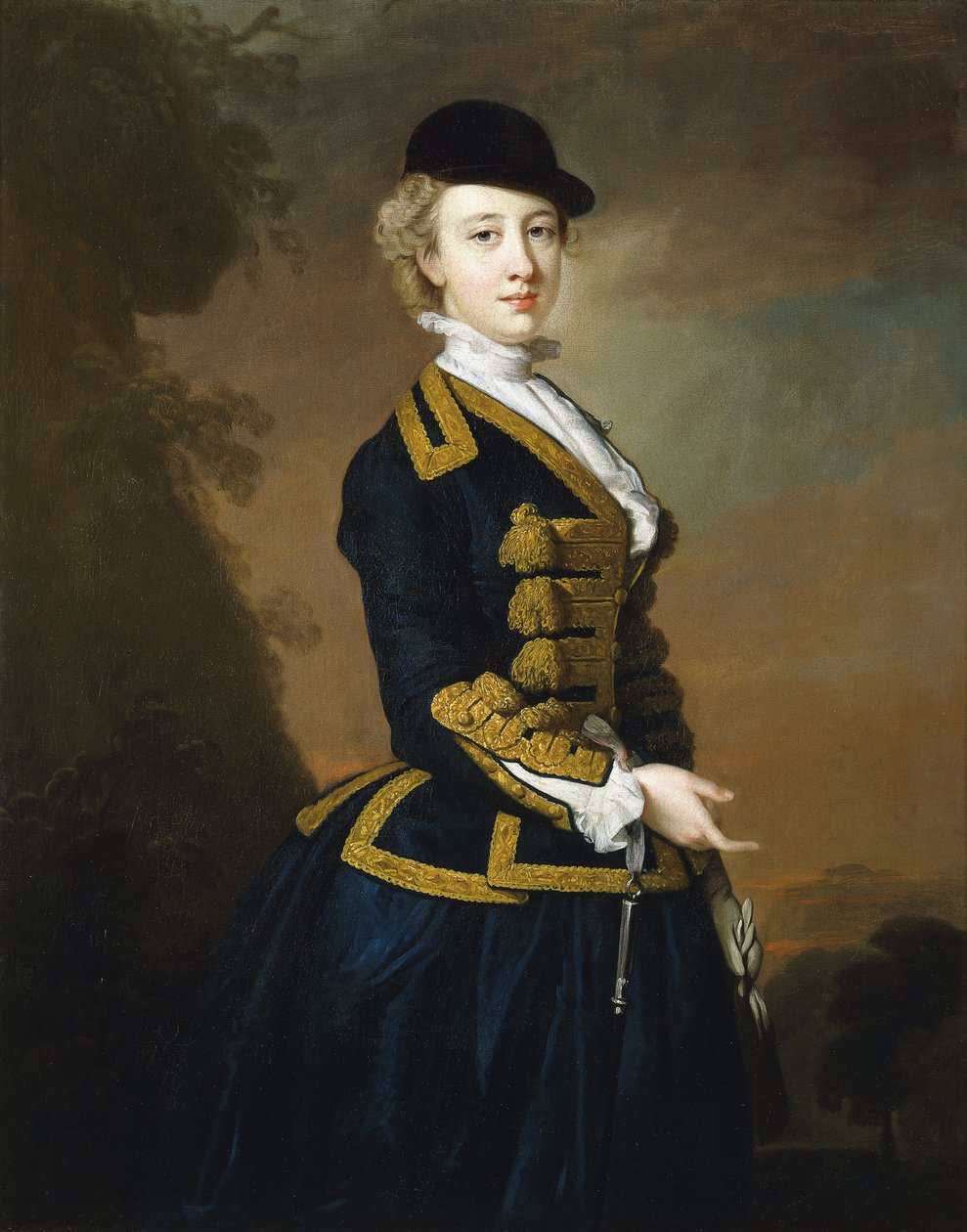 Nancy Fortescue portréja, sötétkék lovaglás, arany békával és sapkával, alkotó: Thomas Hudson