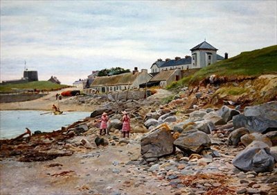 Kingsland, Cornwall, két lánnyal a tengerparton alkotó: Thomas J. Purchas