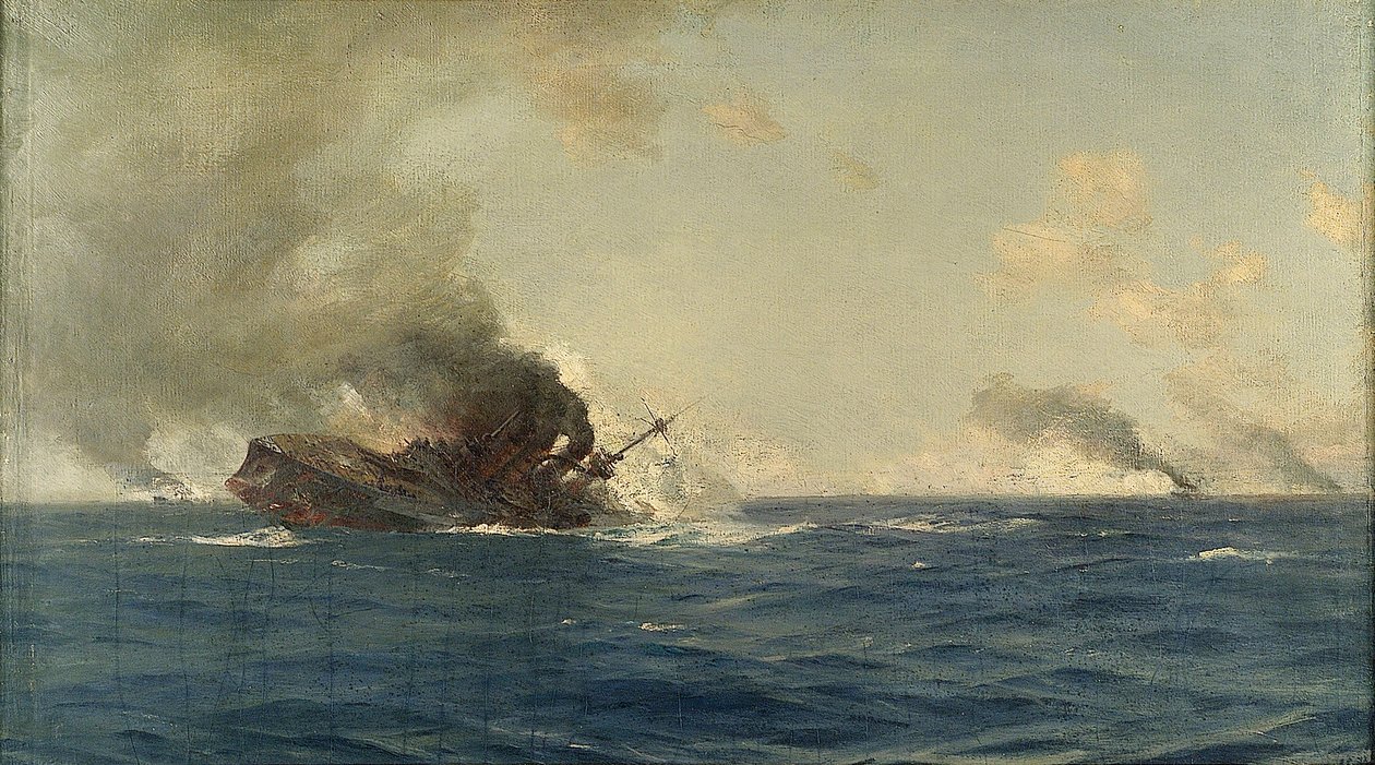 A "Scharnhorst" elsüllyedése a Falkland-szigeteki csatában, 1914. december 8., 1915 körül (olaj, vászon) alkotó: Thomas J. Somerscales
