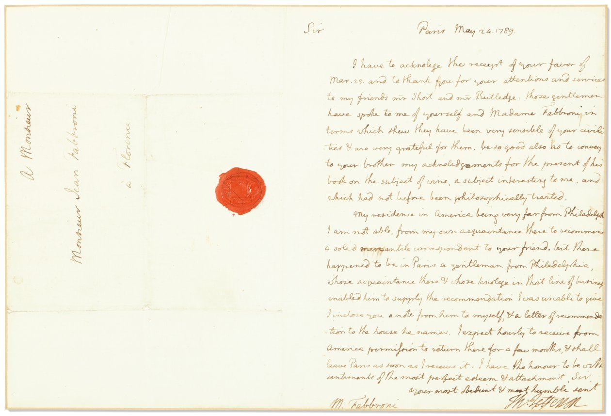 Az Egyesült Államok franciaországi nagyköveteként aláírt autogramlevél Giovanni Fabbroninak, Párizs, 1789. május 24. alkotó: Thomas Jefferson