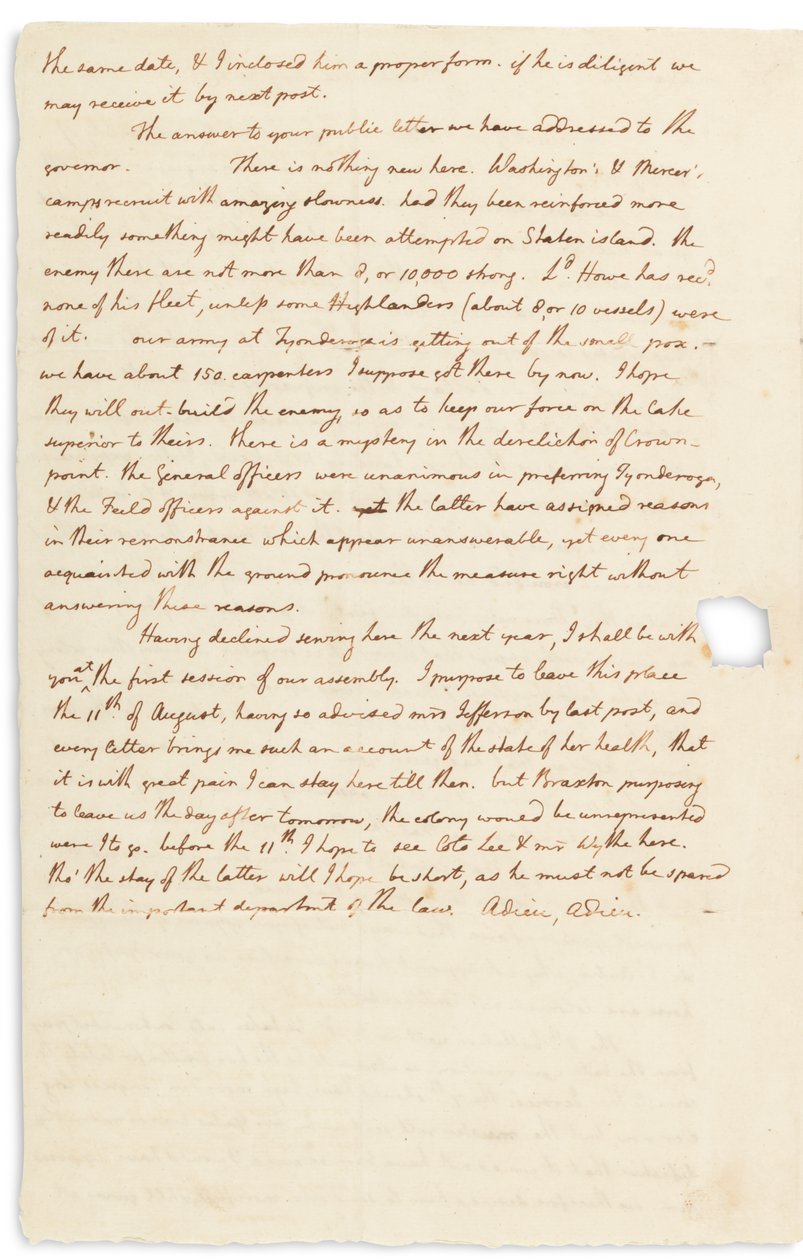 Autogramlevél John Page-nek, Philadelphia, 1776. július 30 alkotó: Thomas Jefferson