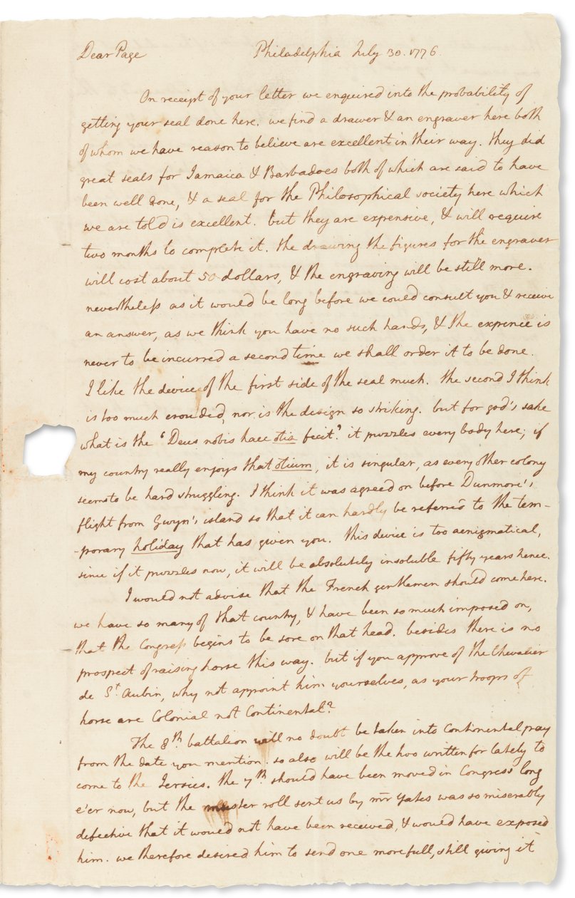 Autogramlevél John Page-nek, Philadelphia, 1776. július 30 alkotó: Thomas Jefferson